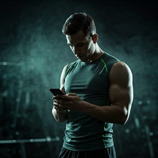 Aluno consultando o treino no celular na academia